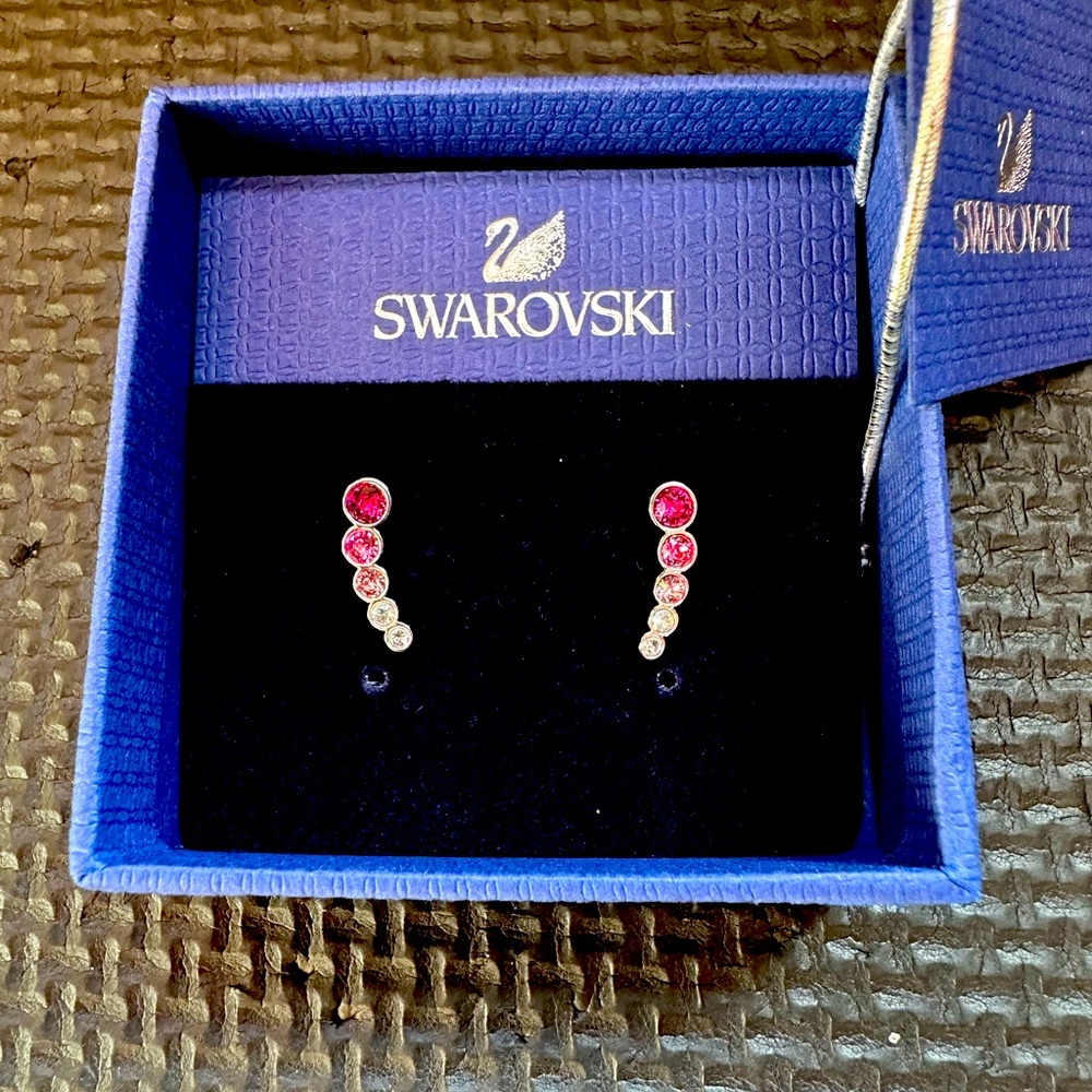 SWAROVSKI Swan Signed Clear & Pink Crystal Earrings — NEW
